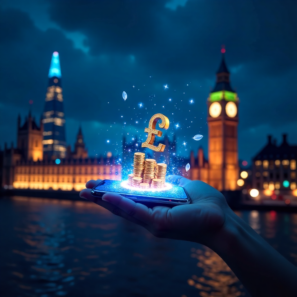 Futuristic hand holding a transparent glass smartphone displaying the True Fortune UK app, background is the London skyline with the Shard and Big Ben at night with glowing royal blue laser beams, 3D holographic gold British Pound (£) coins and sparkling